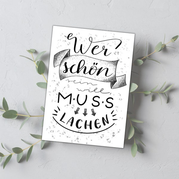 Saying card WHO wants to be BEAUTIFUL must laugh | Card with positive message | good mood card | Hand lettered card with saying