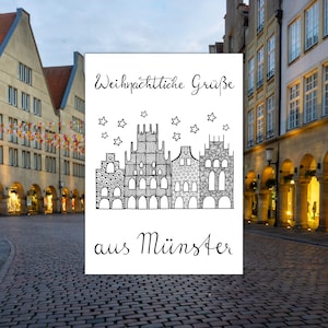 Weihnachtskarte Häuser mit Grüßen aus Münster, Weihnachtspost, Weihnachtskarte Münster, Karte Weihnachten, Karte Prinzipalmarkt