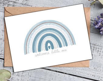 Geburtskarte Junge mit Regenbogen und  HELLO LITTLE ONE Handlettering | Glückwunschkarte Geburt  | Babykarte in blau