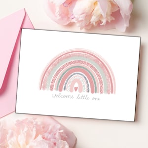 Geburtskarte Mädchen mit Regenbogen und  HELLO LITTLE ONE Handlettering | Glückwunschkarte Geburt  | Babykarte in rosé