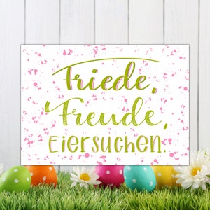 Postkarte Ostern, lustige Osterkarte, Friede Freude Eiersuchen, liebe Ostergrüße, Karte Frohe Ostern, fröhliche Grüße zu Ostern