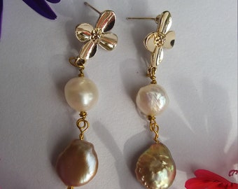 Flower and Pearl Drop Earrings. Gold Stud and Pearl Earrings