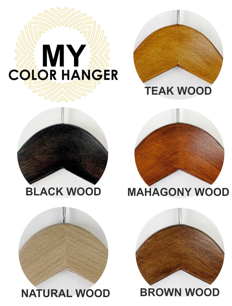 May include: Six wooden hangers in different wood finishes: teak, black, mahogany, natural, brown. The hangers are all the same shape and size. The text "MY COLOR HANGER" is displayed above the hangers.