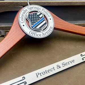 Personalized Police Officer Gift: Engraved Wooden Hanger, Thin Blue Line