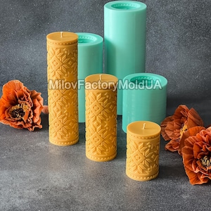 Silicone mold Cylindric candle with folklore pattern sunflowers - Ukrainian pattern candle mold - Scandinavian pattern candle mold DIY