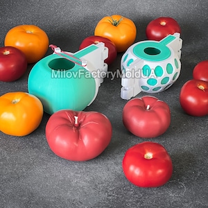 May include: Two 3D printed molds for making tomato-shaped candles. The molds are white and teal blue with a hole in the top. There are several red and orange tomatoes surrounding the molds.