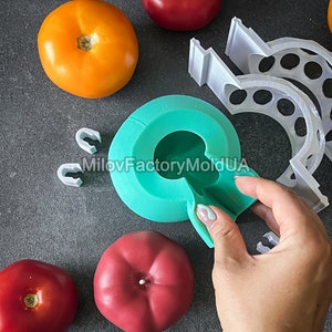 May include: A teal silicone mold shaped like a tomato, with a hand holding the mold open to reveal the inside. The mold is on a gray surface with several red and orange tomatoes and white plastic pieces.