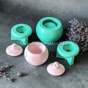 Pu&ograve; includere: Un set di tre stampi in silicone color turchese per realizzare una candela rotonda con un coperchio. Gli stampi hanno un motivo a fiocco di neve. Lo stampo del coperchio ha una piccola maniglia.