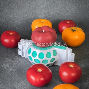 May include: A red tomato candle sits on top of a white and teal 3D printed mold with six whole tomatoes surrounding it. The tomatoes are a mix of red and orange.