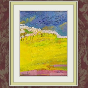 Ukraińska sztuka ścienna z krajobrazem, ukraińska sztuka flagowa, malarstwo z polem rzepaku, żółte pole impasto olejne, żółto-niebieska miniaturowa sztuka ścienna