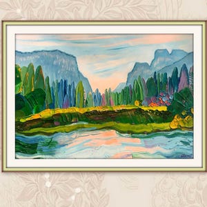 Obra de arte del parque Yosemite, pintura al óleo del parque nacional de California, pintura 3D de paisaje montañoso, arte mural moderno del paisaje de Yosemite, California