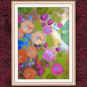 Pintura al óleo botánica, Pieza de óleo acrílico original, Obra de arte Impasto, Pintura de flores en 3D, Arte moderno de la pared floral, Arte colorido de la pared del jardín