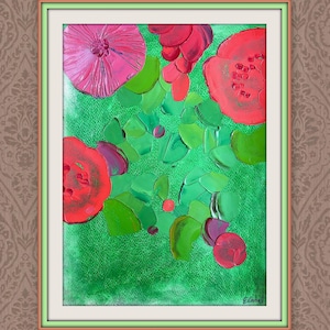 Arte colorido de la pared del jardín, pintura al óleo botánica, pieza de óleo acrílico original, obras de arte Impasto, pintura de flores en 3D, arte moderno de la pared floral