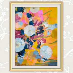Pintura al óleo acrílica original, obras de arte Impasto, pintura de flores en 3D, pintura al óleo botánica, arte moderno de la pared floral, arte colorido