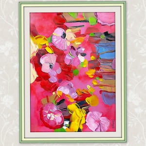 Pintura al óleo botánica, Pieza de óleo acrílico original, Obra de arte Impasto, Pintura de flores en 3D, Arte moderno de la pared floral, Arte colorido de la pared del jardín