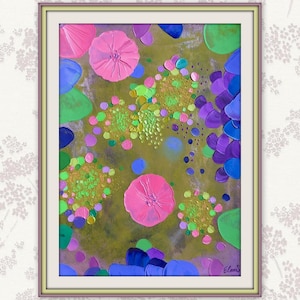 Arte colorido de la pared del jardín, pintura al óleo botánica, pieza de óleo acrílico original, obras de arte Impasto, pintura de flores en 3D, arte moderno de la pared floral
