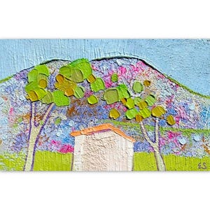 Paisaje de árboles al óleo, mini pintura acrílica colorida, pintura de paisaje ucraniano, arte de pared de montañas, arte de pared en miniatura, arte al óleo Impasto