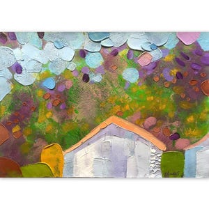 Arte noturna em miniatura da parede da floresta, pintura de casas de paisagem a óleo, arte em acrílico impasto original 3D, pintura a óleo floral roxa colorida