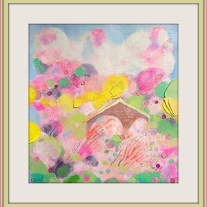 Pintura al óleo de rododendro, casa con paisaje, arte mural en miniatura, pintura dimensional 3D, pintura mural en miniatura brillante, óleo de empasto colorido