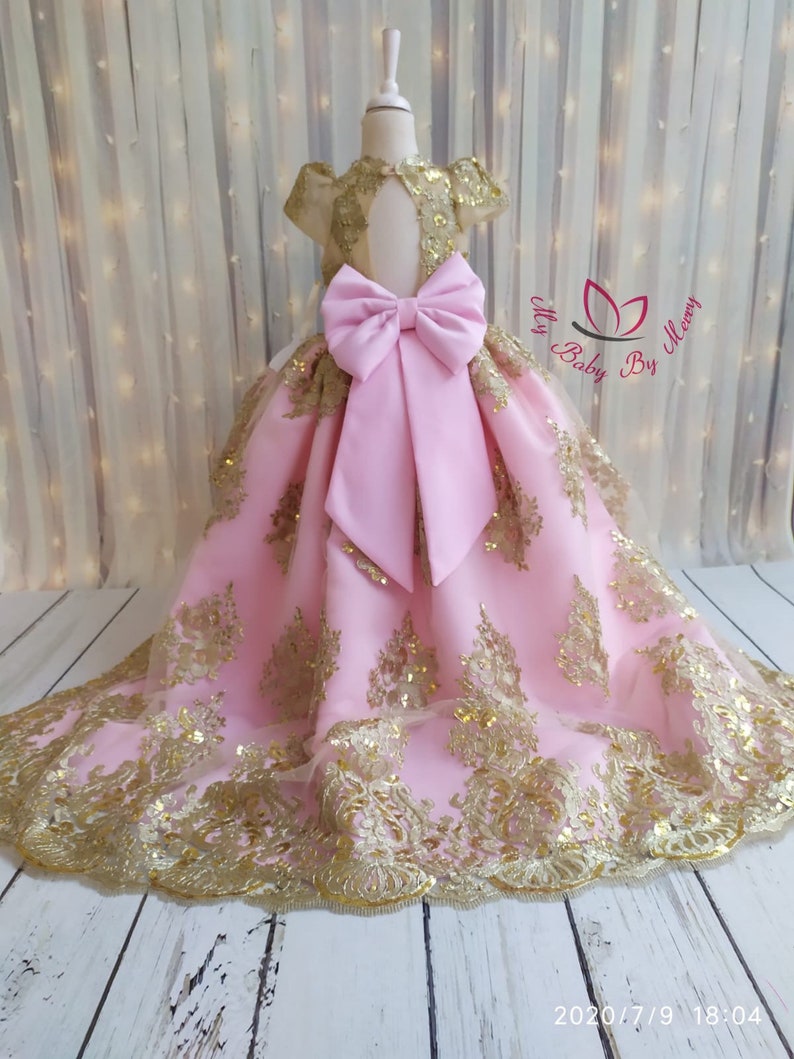 Princess gown pink and golden lace dress ready to ship formal Etsy