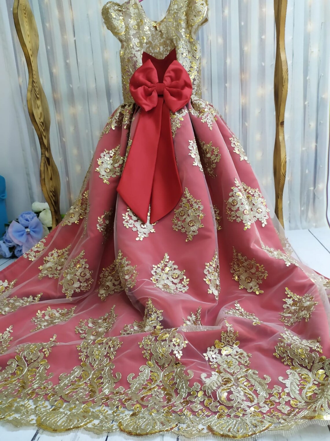 red and gold party frocks