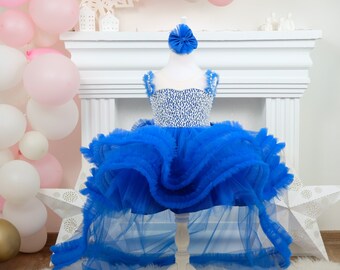 Girls Pearl Dress royal blue, blue pearl dress for girls, toddlers pearl dress, blue girl 1st birthday dress, toddler dress with train
