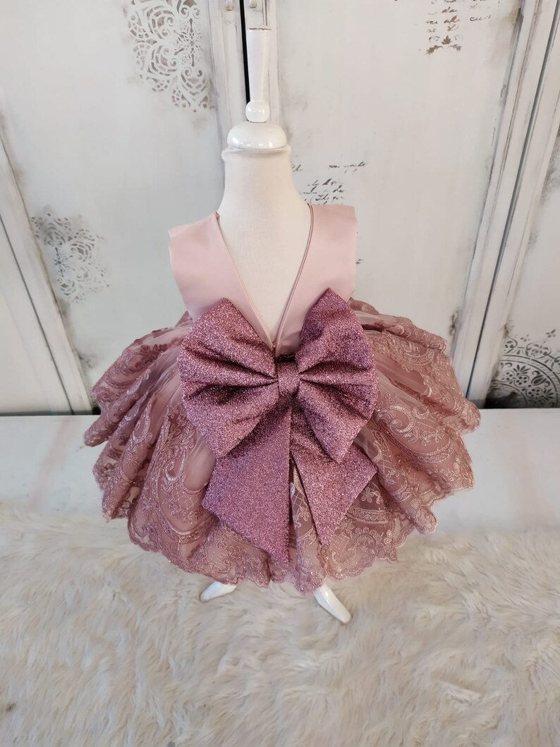 Beige Girl Dress Champagne Baby Bow Dressbaby Girl Blush Etsy