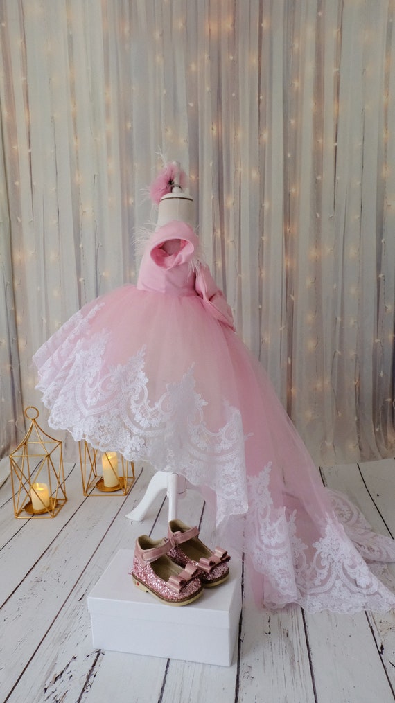 Pink Baby Girl Dress Pink Tulle Dress With White Lace High Etsy