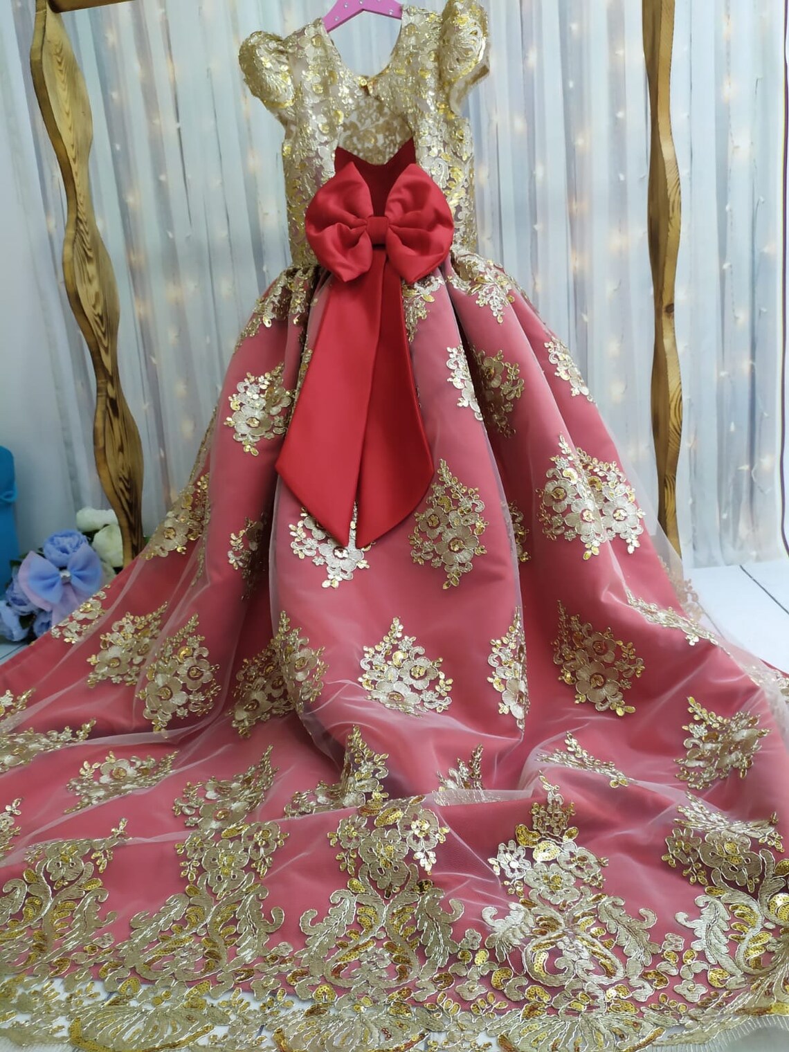 red and gold party frocks