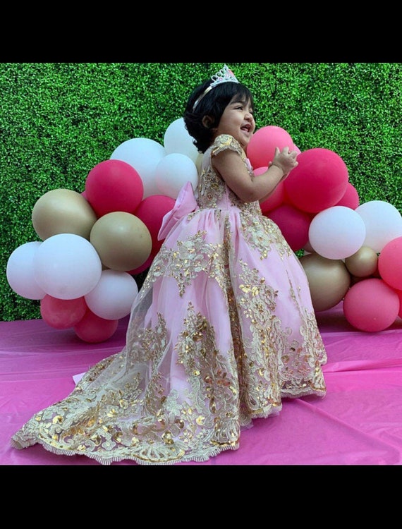 MyBabyByMerry Princess Gown, Pink and Golden Lace Dress, Long Length Gown, Formal Girl Dress, Baby Girl Pink Dress, First Birthday Gown, Photography Baby