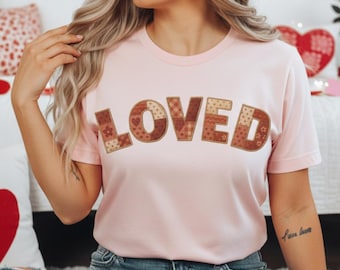 LOVED Faux Patchwork Design T-Shirt, Valentines Galentines Tee | Cute Aesthetic