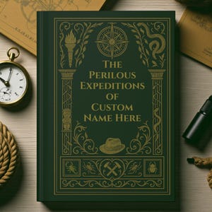 Könnte beinhalten: Ein dunkelgrünes Buch mit dem Titel "The Perilous Expeditions of Custom Name Here" mit goldenen dekorativen Elementen. Das Cover zeigt einen Kompass, eine Fackel, eine Schlange und einen Hut. Eine Taschenuhr, ein Seil und ein Stift sind ebenfalls zu sehen.