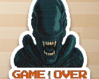 Divertida pegatina de vinilo de Xenomorfo con la frase "Game Over", pegatina retro de 8 bits de la película Alien.