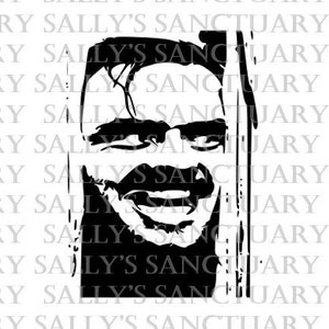 May include: Black and white silhouette of a man's face with a wide smile. The man is wearing sunglasses and has a beard. The background is a white pattern with the words "Sally's Sanctuary" repeated.