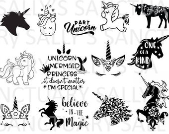 Könnte beinhalten: Ein Set mit 10 Schwarzweiß-Illustrationen von Einhörnern. Die Illustrationen zeigen verschiedene Einhorn-Designs, darunter ein Einhorn mit einer Krone, ein Einhorn mit einem Meerjungfrauen-Schwanz und ein Einhorn mit einem Blumenmuster. Der Text "Unicorn Mermaid Princess it doesn't matter *I'M SPECIAL*" und "Believe in the Magic" sind ebenfalls im Set enthalten.