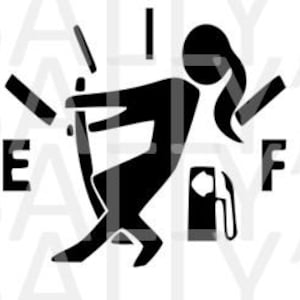 Könnte beinhalten: Schwarze und weiße Silhouette einer Person, die einen Tankanzeige-Zeiger in Richtung 'F' drückt, mit dem Text 'E' und 'F' auf beiden Seiten der Anzeige.