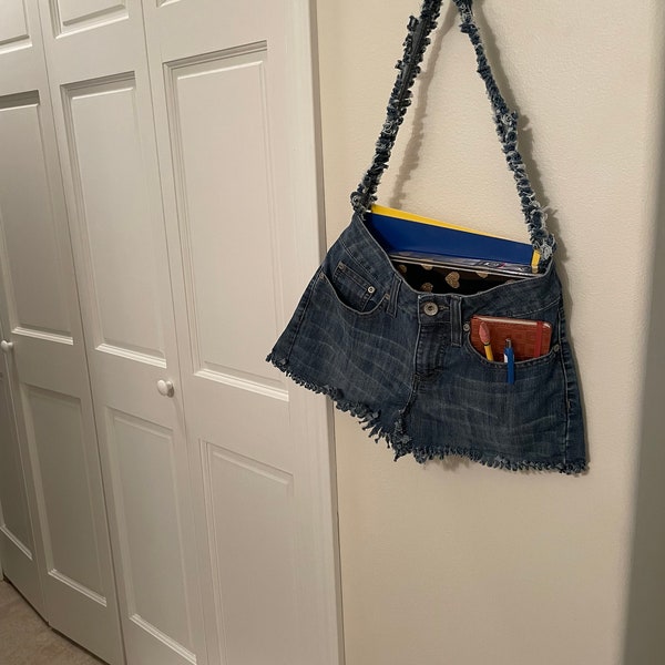 Denim Jean Merona Handbag Shoulder Bag Purse Tote Casual Hip Sling Market School Book Weekend Pockets Upcycled Reuse Repurpose Reimagine