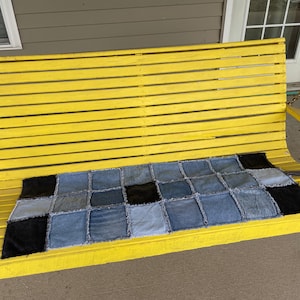 Denim Art Quilt: Recycled Bench Seat Cover, Small Throw Blanket (42x16)