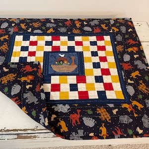 Child&#39;s Blanket Pretend Play Noah’s Ark Blocks Small Wall Hanging Table Runner Hand Quilted One-Of-A-Kind Gift Décor Mini Wall Art