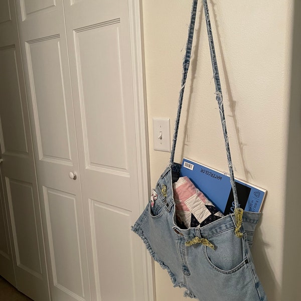 Denim Jean Arizona Crossbody Large Shoulder Bag Handbag Tote Casual Hip Sling Market School Book Pockets Upcycled Reuse Repurpose Reimagine