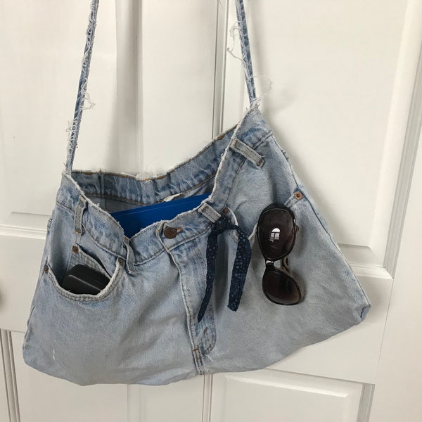 Denim Jean Crossbody Shoulder Bag Purse Handbag Tote Casual Hip Sling Market School Book Weekend Pockets Upcycled Reuse Repurpose Reimagine