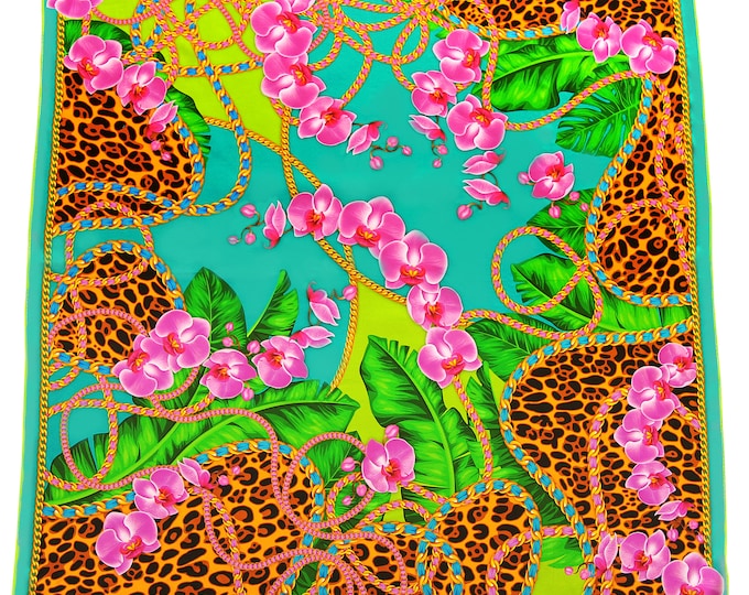 100% silk charmeuse turquoise teal square scarf wrap "Orchids" - leopard print, animal print floral scarves