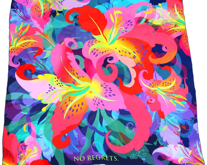 No Regrets Silk Scarf with Quote and Tiger Lilies – meaningful gift for her