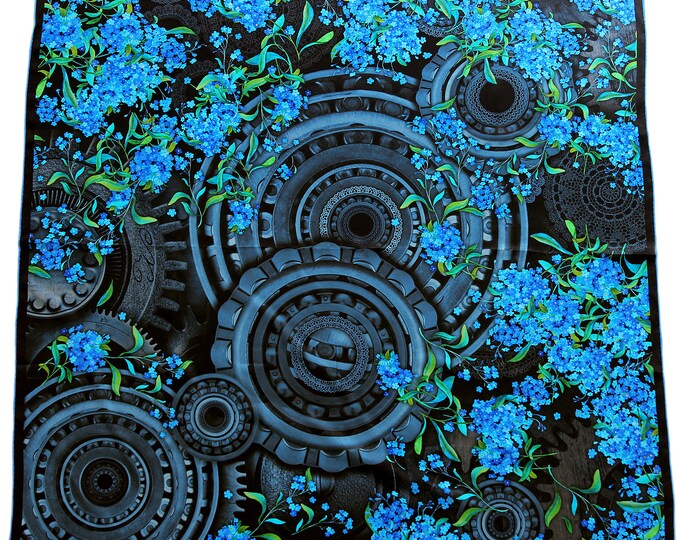 Forget-Me-Nots Silk Scarf with Steampunk Gears – 36x36 Blue Floral Scarf – Intellectual Gift for Her