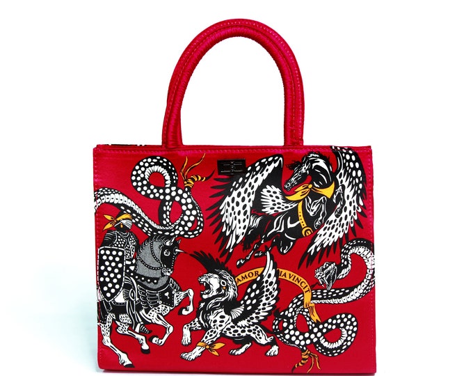 Women's red black and white silk handbag, structured tote bag "Myth" - classy vintage style purse