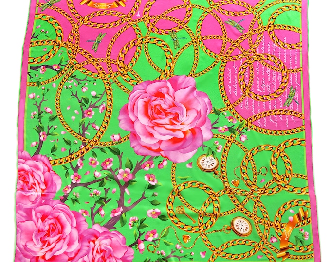 Pink Green Floral Silk Scarf with Quote, Roses & Gold Chains - meaningful gift for her