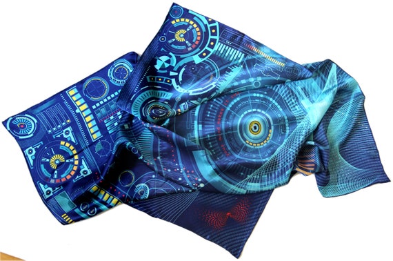 36x36 Luxury Square Silk Scarf, Cyberpunk Circuitry Print, Electric Blue Retro Coder Shawl