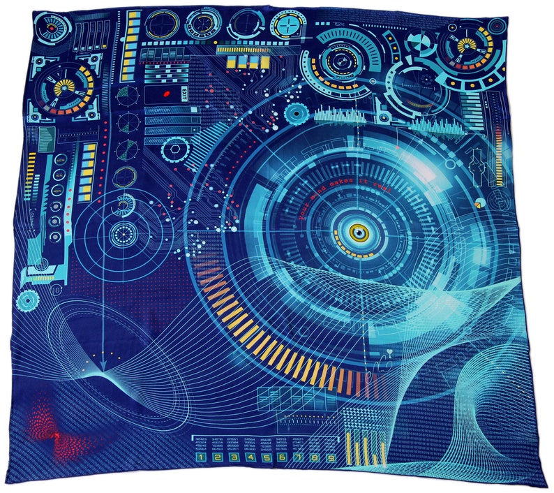 Puede incluir: Un pa&ntilde;uelo cuadrado con un dise&ntilde;o futurista inspirado en la tecnolog&iacute;a. El pa&ntilde;uelo presenta un fondo azul oscuro con patrones intrincados en tonos de azul, verde azulado y amarillo. El dise&ntilde;o incluye elementos circulares, l&iacute;neas y texto.
