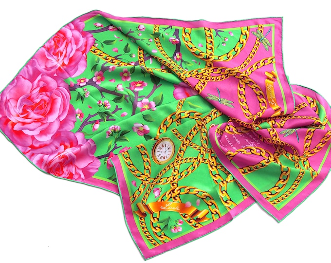 Luxury Silk Scarf, Pink Roses, Lime Green Dragonflies, Latin Quote (36x36)