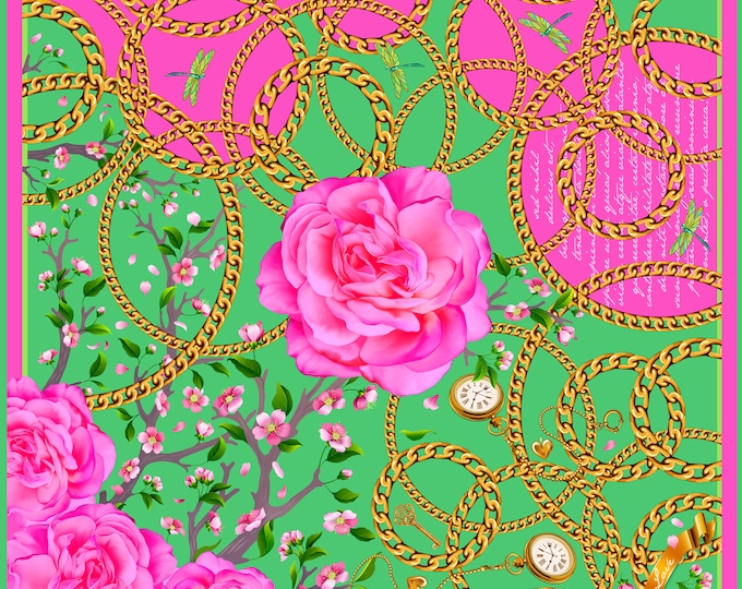 100% silk square scarf pink / green "Desire" rose, dragon fly, golden chain